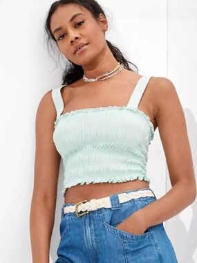 American Eagle Outfitters 🦅 Smocked Ruffle Tank Top Sea Green Crop - Size S